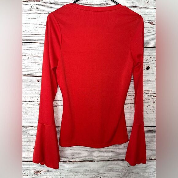 Women’s Ribbed Red V-Neck Bell Sleeve Blouse - Picture 2 of 4